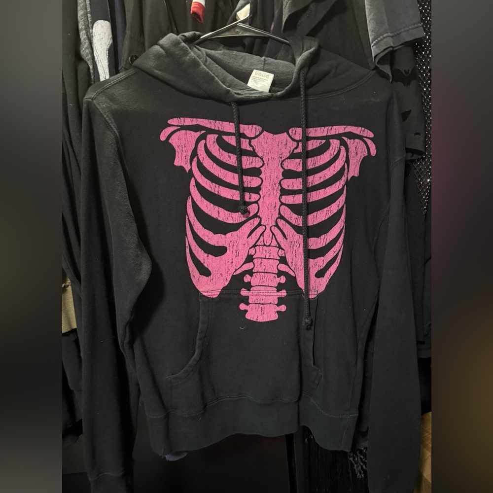 Hot Topic Black Hoodie with Pink Skeleton Design